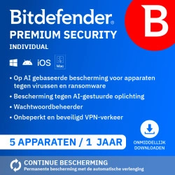 Bitdefender Premium Security Individual 2026 | 5 Apparaten | 1 Jaar