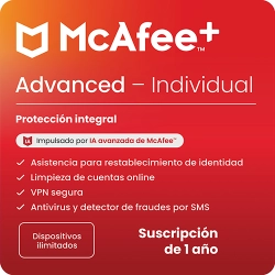McAfee+ Advanced Individual | 1 Año | Dispositivos ilimitados | Windows - Mac - iOS - Android - ChromeOS
