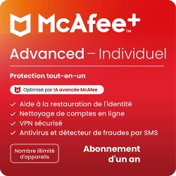 McAfee+ Advanced Individual | 1 An | Nombre illimité d'appareils | Windows - Mac - iOS - Android - ChromeOS