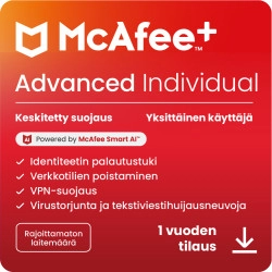 McAfee+ Advanced Individual | 1 vuosi | Rajoittamaton määrä laitteita | Windows - Mac - iOS - Android - ChromeOS