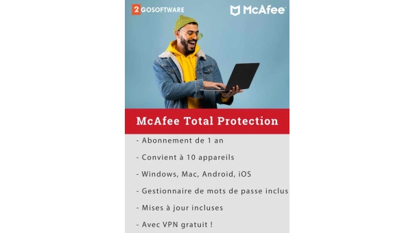 McAfee Total Protection 2026 + VPN | 10 Appareils | 1 An | Windows - Mac - Android - iOS