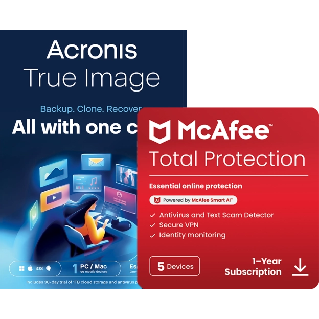 Acronis True Image Essentials | 1 PC | 1 Year + McAfee Total Protection | 5 PC | 1 Year