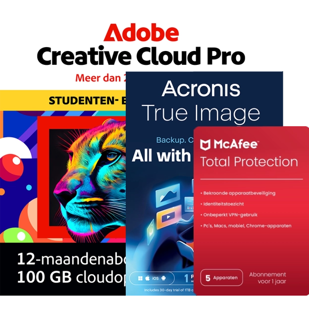 Adobe Creative Cloud Pro Student & Teacher + McAfee Total Protection + Acronis Essentials | 1 Jaar