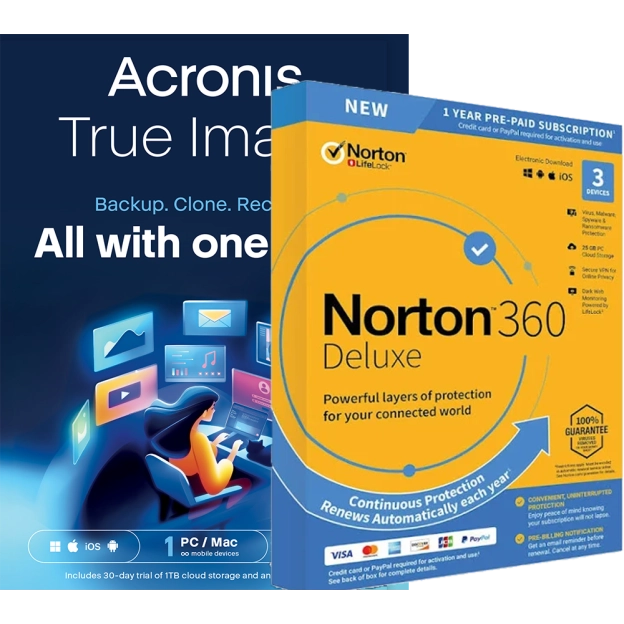 Acronis True Image Essentials | 1 PC | 1 Jaar + Norton 360 Deluxe | 3 Apparaten