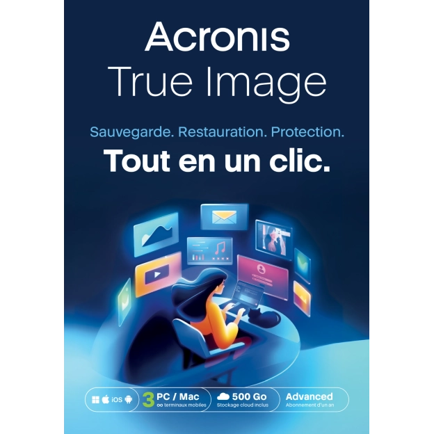 Acronis True Image Advanced 2026 | 3 PC | 1 an | Sauvegarde Cloud de 500 Go