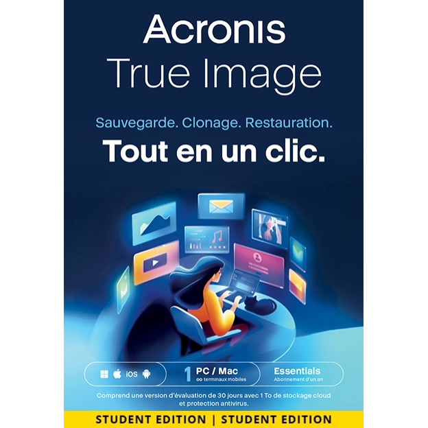 Acronis True Image Essentials 2026 | Version étudiant | 1 PC | 1 an | Mobile/tablette inclus.