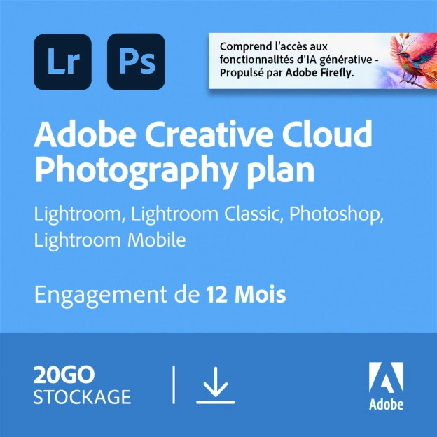Adobe Photography Plan (Photoshop CC + Lightroom CC) | 1 utilisateur | 1 an | 20 Go de stockage en cloud