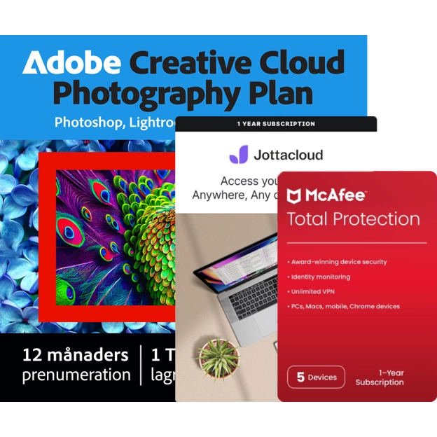 Adobe Photography Plan 1 TB + McAfee Total Protection 5 PC + Jottacloud Personal | 1 år