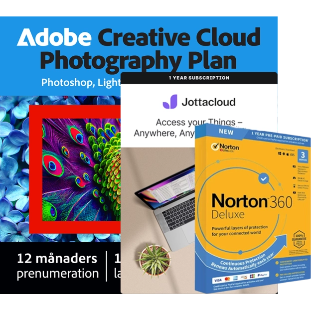 Adobe Fotografi Plan 1 TB + Norton 360 Deluxe 3 PC + Jottacloud Personlig | 1 År