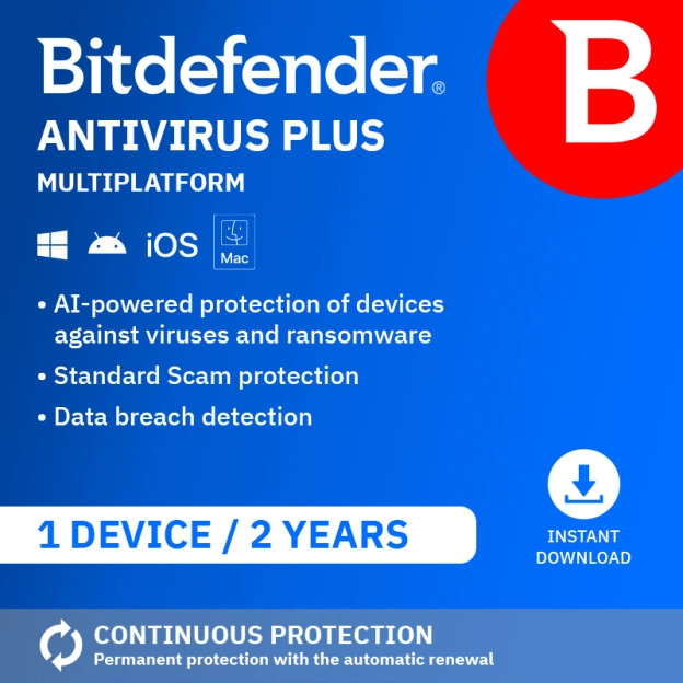 Bitdefender Antivirus Plus Multiplatform 2026 | 1 Device | 2 year