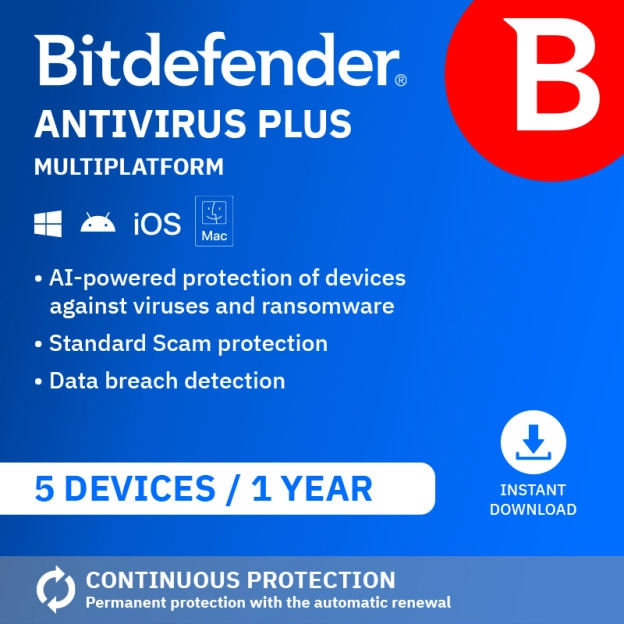 Bitdefender Antivirus Plus Multiplatform 2026 | 5 Devices | 1 Year