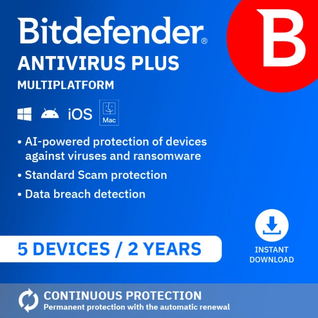 Bitdefender Antivirus Plus Multiplatform 2026 | 5 Devices | 2 year