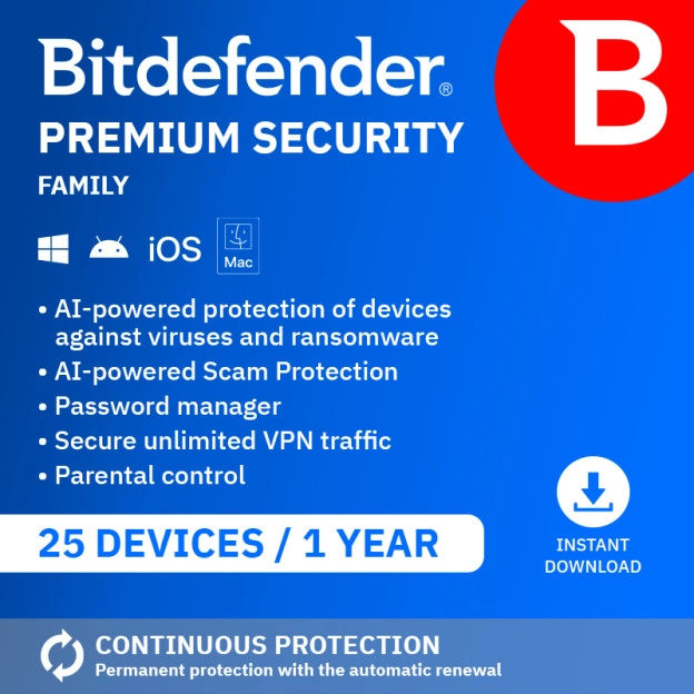 Bitdefender Premium Security Family 2026 | 25 Devices | 1 Year