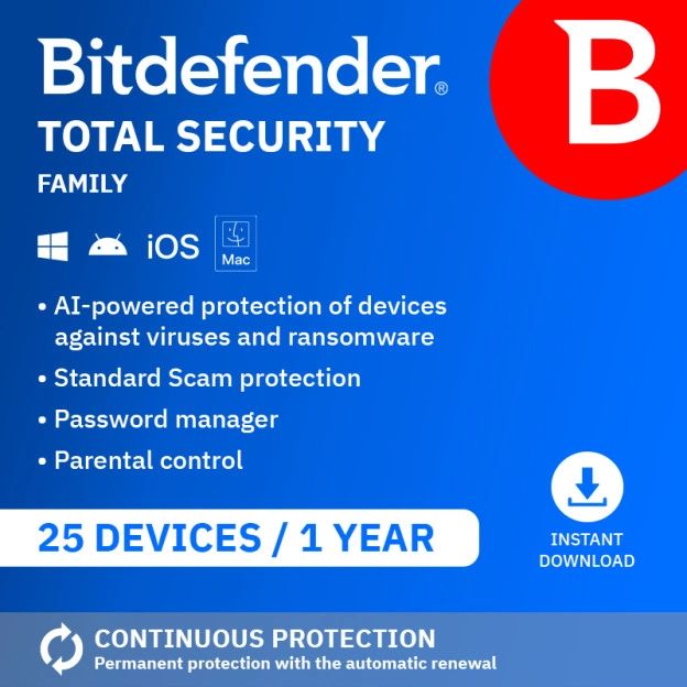 Bitdefender Total Security Family 2026 | 25 Devices | 1 Year
