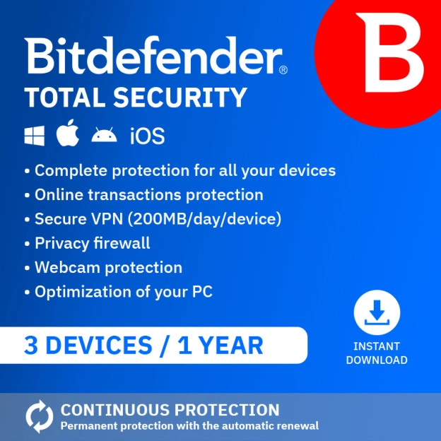 Bitdefender Total Security Standard 2026 | 3 Devices | 1 year