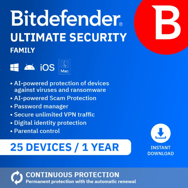 Bitdefender Ultimate Security Family 2026 | 25 Devices | 1 Year