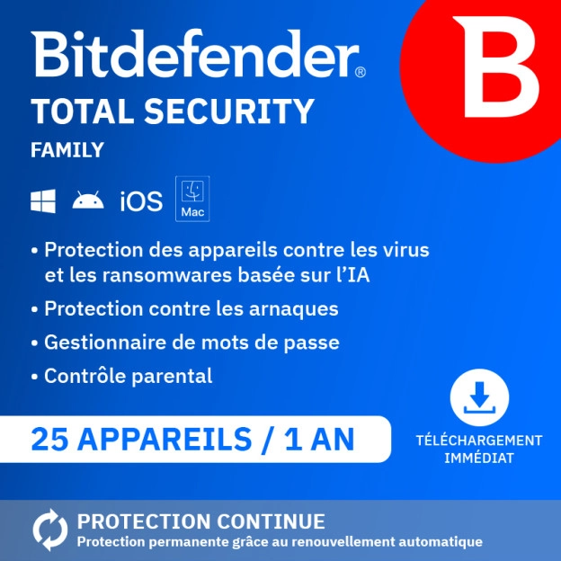 Bitdefender Total Security Family 2026 | 25 appareils | 1 an