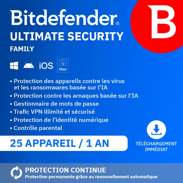 Bitdefender Ultimate Security Family 2026 | 25 Appareils | 1 An