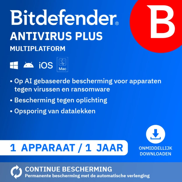 Bitdefender Antivirus Plus Multiplatform 2026 | 1 Apparaat | 1 Jaar