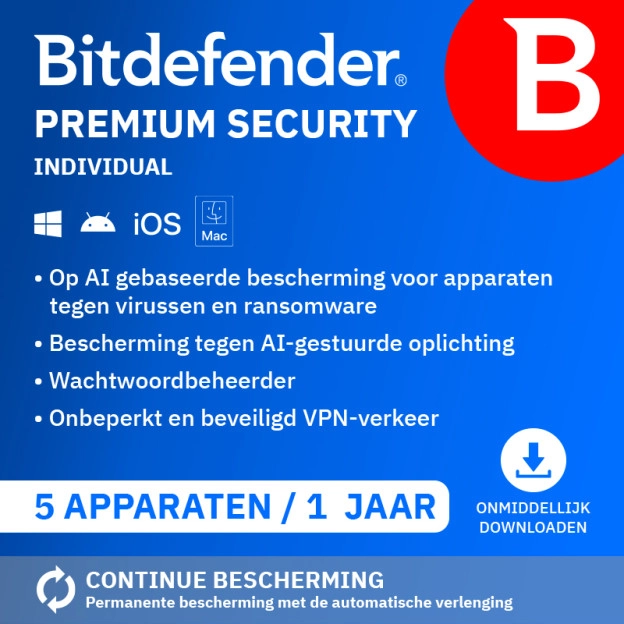 Bitdefender Premium Security Individual 2026 | 5 Apparaten | 1 Jaar