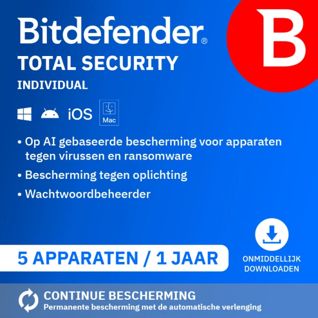 Bitdefender Total Security Individual 2026 | 5 Apparaten | 1 jaar
