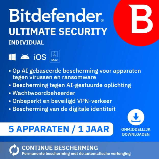 Bitdefender Ultimate Security Individual 2026 | 5 Apparaten | 1 Jaar