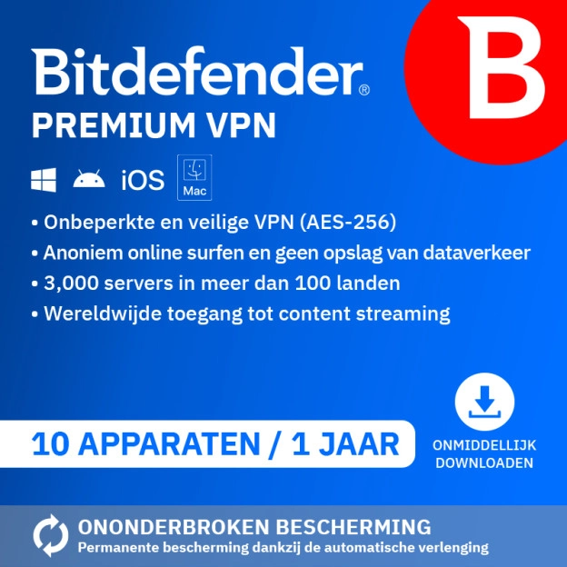 Bitdefender Premium VPN 2026 | 10 Apparaten | 1 jaar