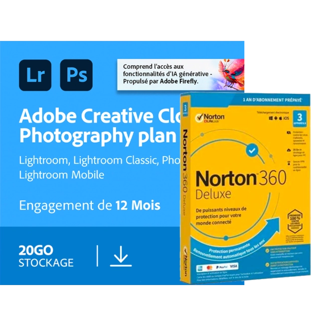 Adobe Photography Plan | 20 Go de stockage en cloud | 1 an + Norton 360 Deluxe | 3 appareils