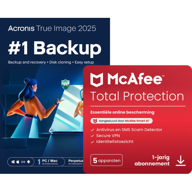 Acronis True Image Essentials | 1 PC | 1 Jaar + McAfee Total Protection | 5 PC | 1 Jaar