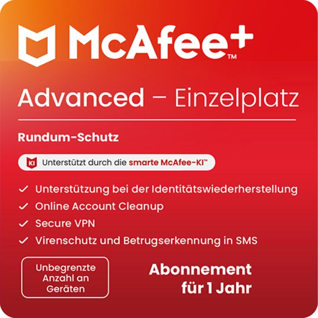 McAfee+ Advanced Individual | 1 Jahr | Unbegrenzte Geräte 