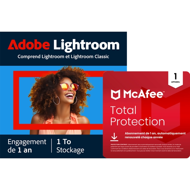 Adobe Lightroom CC + McAfee Total Protection | 1 appareil | 1 To de stockage dans le nuage