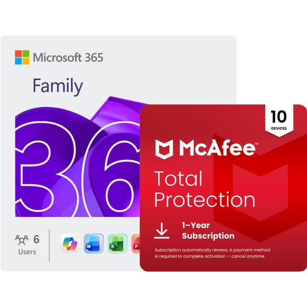 Microsoft 365 Family + McAfee Total Protection | 10 Devices | 1 Year