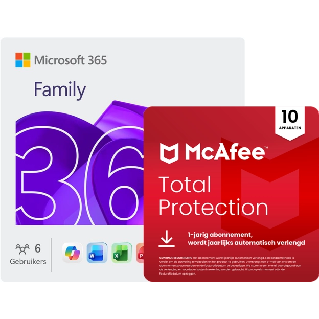 Microsoft 365 Family + McAfee Total Protection | 10 Apparaten | 1 jaar