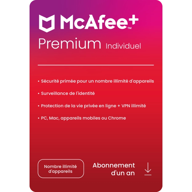 McAfee+ Premium Individual | 1 an | Appareils illimités | Windows - Mac - iOS - Android - ChromeOS
