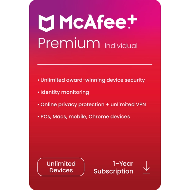 McAfee+ Premium Individual | 1 Year | Unlimited Devices | Windows - Mac - iOS - Android - ChromeOS