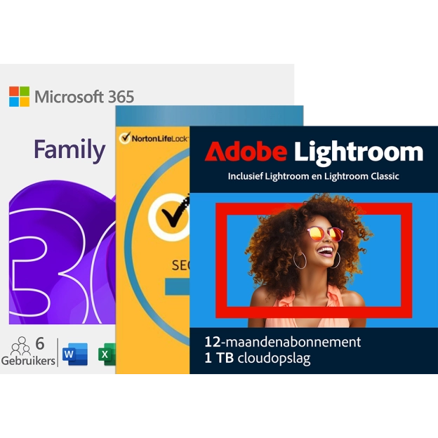 Microsoft 365 Family + Adobe Lightroom + Norton Security Deluxe | 1 Jaar