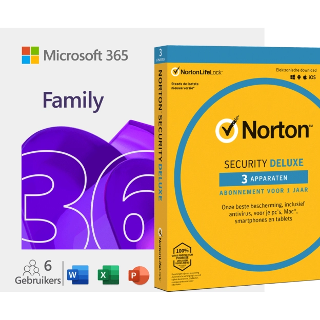 Microsoft 365 Family + Norton Security Deluxe | 3 Apparaten | 1 Jaar