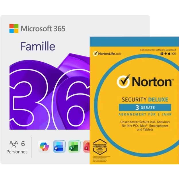 Microsoft 365 Family + Norton Security Deluxe | 3 Geräte | 1 Jahr