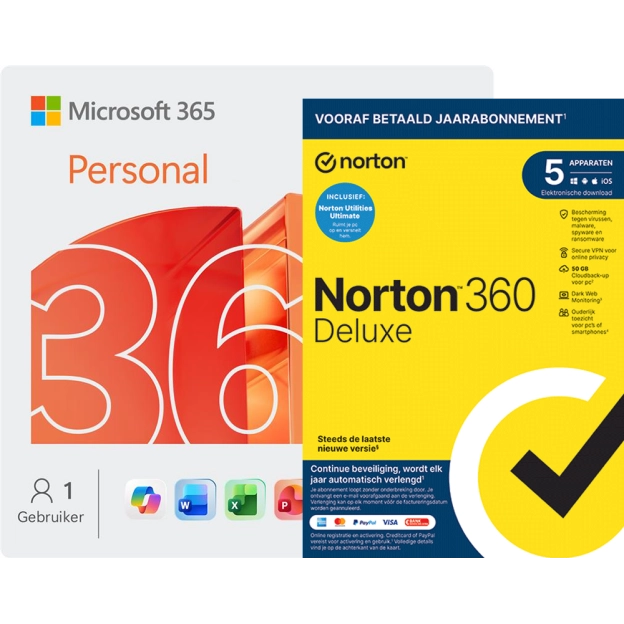 Microsoft 365 Personal + Norton 360 Deluxe met Norton Utilities | 5 Apparaten | 1 Jaar