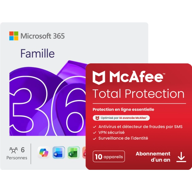 Microsoft 365 Famille + McAfee Total Protection | 10 Appareils | 1 An