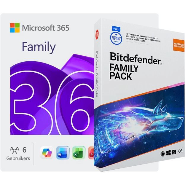 Microsoft 365 Family | 6 gebruikers + Bitdefender Family Pack | Onbeperkt aantal gebruikers | 1 jaar