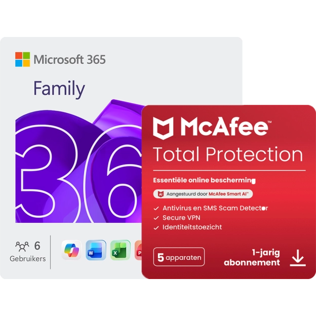 Microsoft 365 Family + McAfee Total Protection | 5 Apparaten | 1 jaar