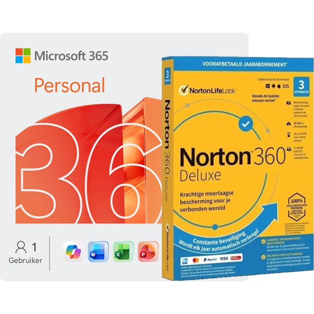Microsoft 365 Personal + Norton 360 Deluxe | 3 Apparaten | 1 Jaar