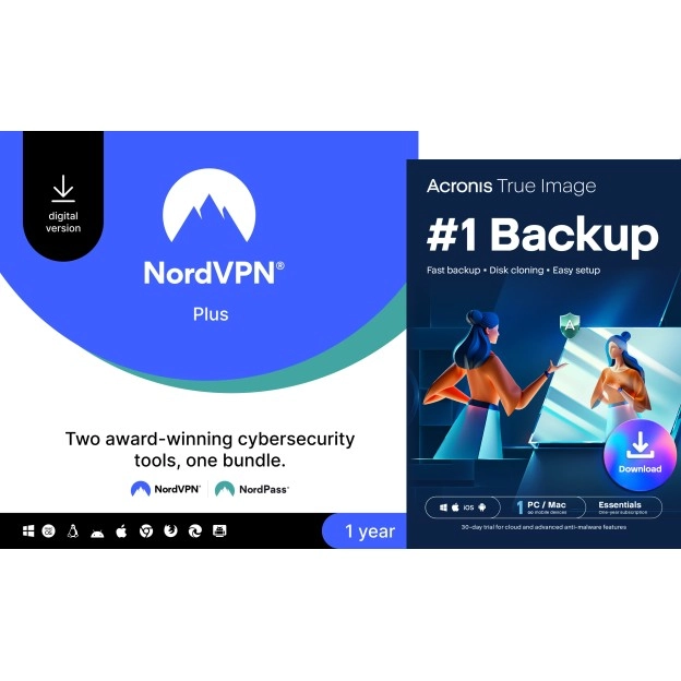 NordVPN Plus | 10 Apparaten | 1 Jaar | Inclusief NordPass + GRATIS Acronis True Image Essentials | 1 PC | 1 jaar
