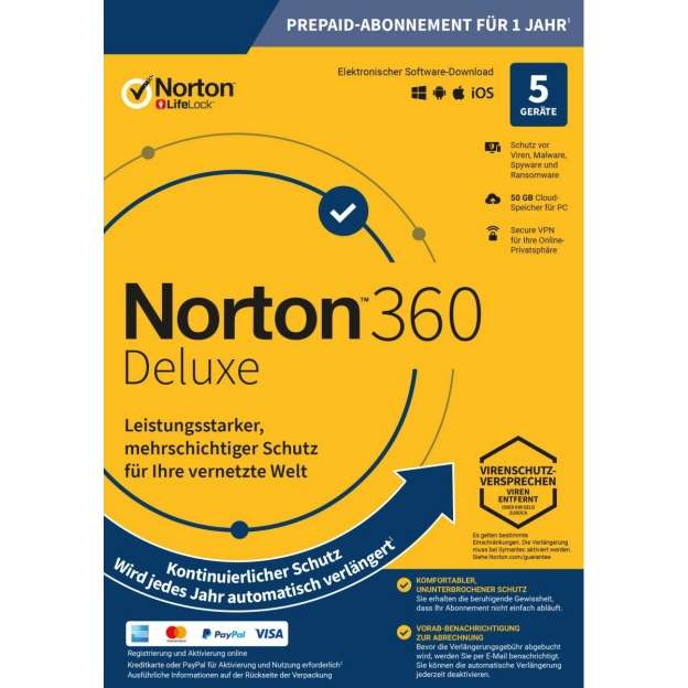 Norton 360 Deluxe | 5 Geräte | 1 Jahr | 2026 | 50 GB Cloud-Backup
