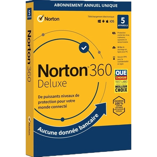 Norton 360 Deluxe | 5 Appareils | Abonnement ponctuel d'un an | 2026 | 50 Go de stockage dans le Cloud