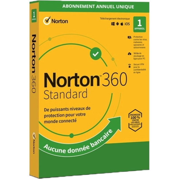 Norton 360 Standard | 1 Appareil | Abonnement ponctuel d'un an | 2026 | 10 Go de stockage dans le Cloud