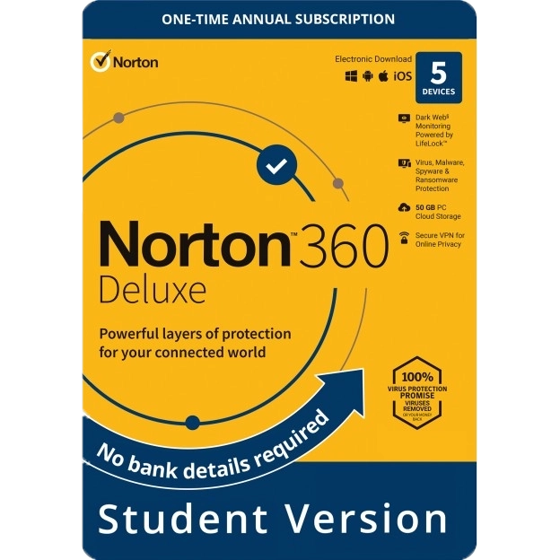Norton 360 Deluxe | 5 Devices | Student Version | One-time Annual Subscription | 2026 | 50 GB Cloud Storage