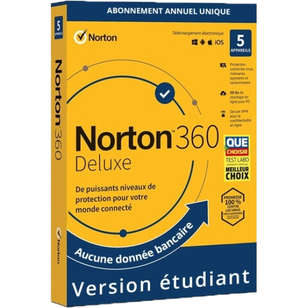 Norton 360 Deluxe | 5 Appareils | Version étudiant | Abonnement annuel unique | 2026 | 50 Go de stockage dans le nuage