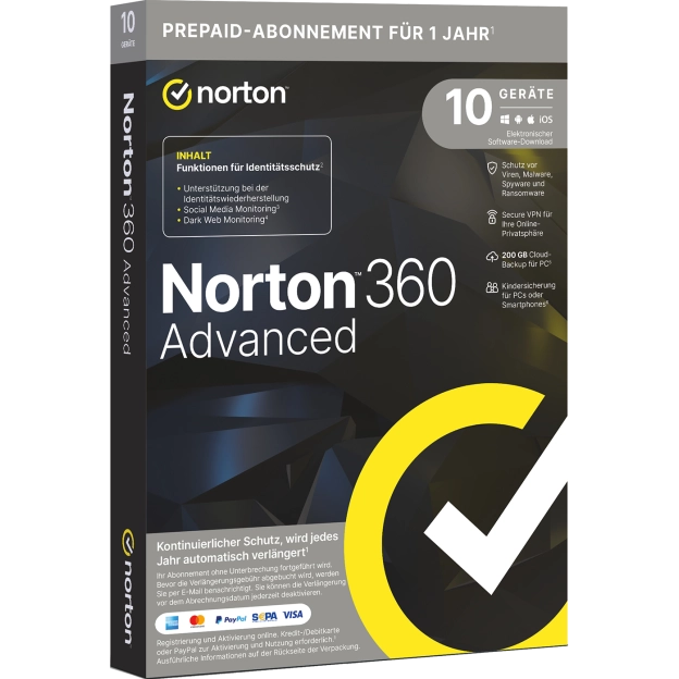 Norton 360 Advanced | 2026 | 10 Geräte | 1 Jahr | Mit 200 GB Cloud-Backup